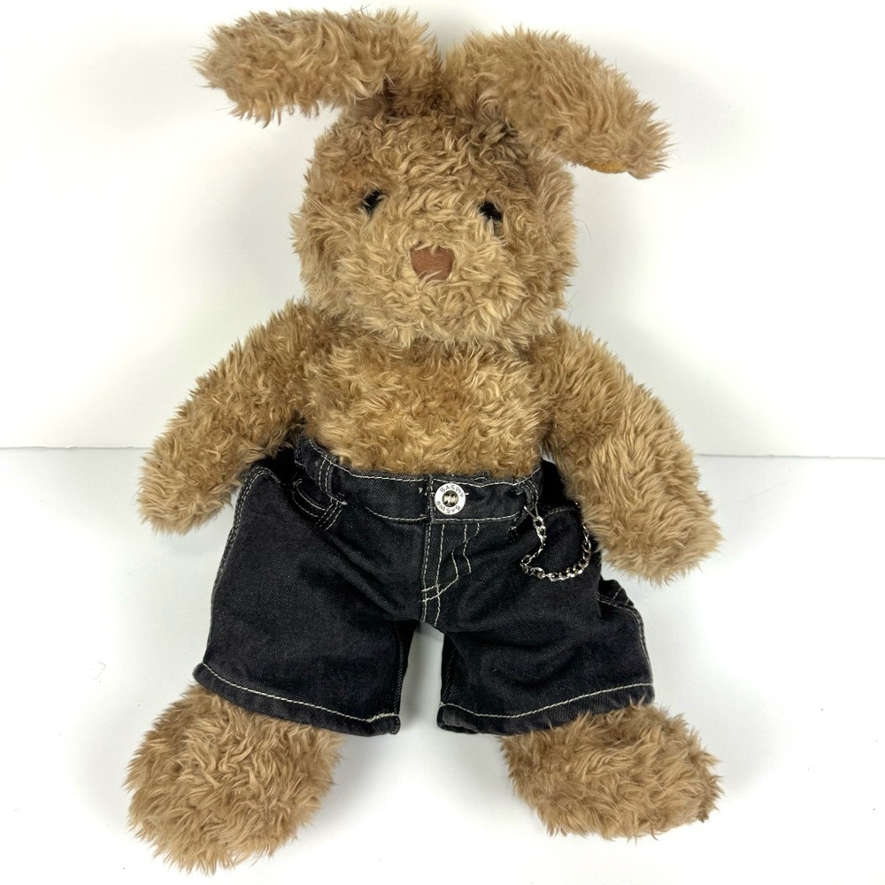 Vintage Build A Bear Brown Rabbit Furry Plush Stuffed Animal w/ Jeans Chain 19”